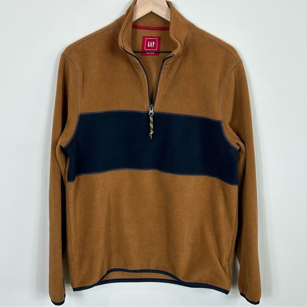 GAP Fleece Quarter Zip Pullover. Cognac and Navy Size M Preppy Varsity Academia